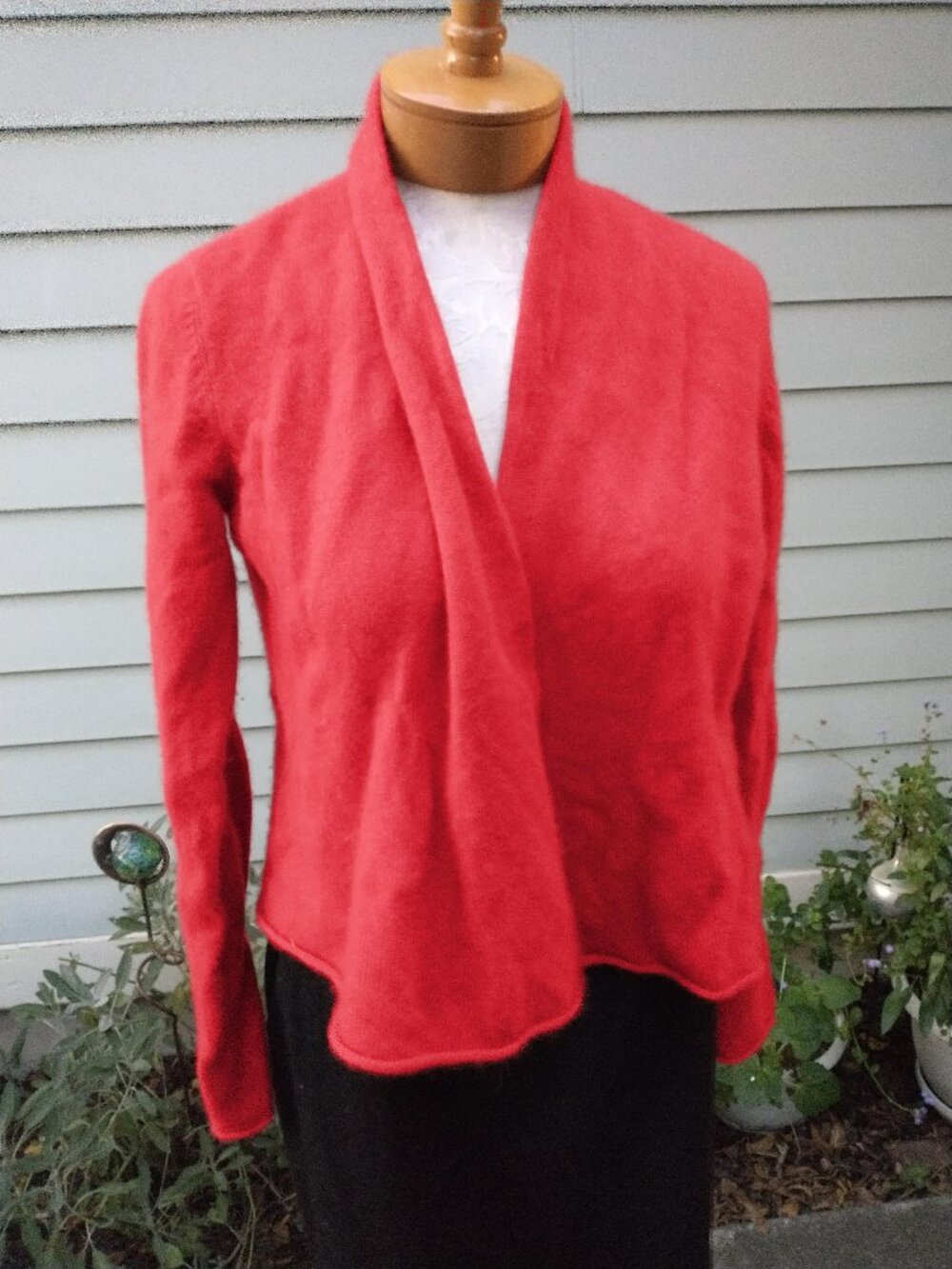 Cardigan: cashmere, bright red, buttonless. Size small - by Eileen Fisher